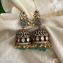 Stylish Peacock Aqua Green Victorian Diamond Jhumkas-Pearls & Beads-VV1313