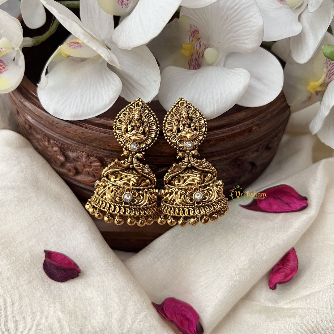 Vriksham Gold Look Alike Lakshmi Dual Peacock Jhumka-White-Gold Bead-G18265