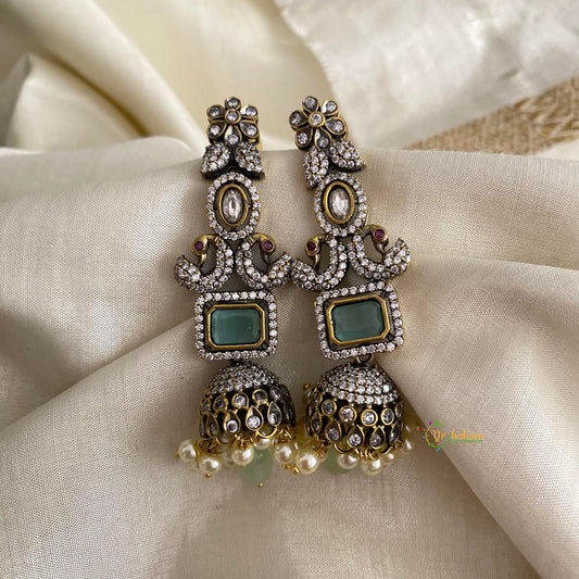 Stylish Victorian Diamond Jhumkas-Aqua Green-Pearls-VV1295