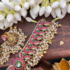 Vriksham Bridal Peacock Motif Cluster Choker Kundan Jadau Short Neckpiece-Red Green & White-Gold Bead & Pearls-J4116