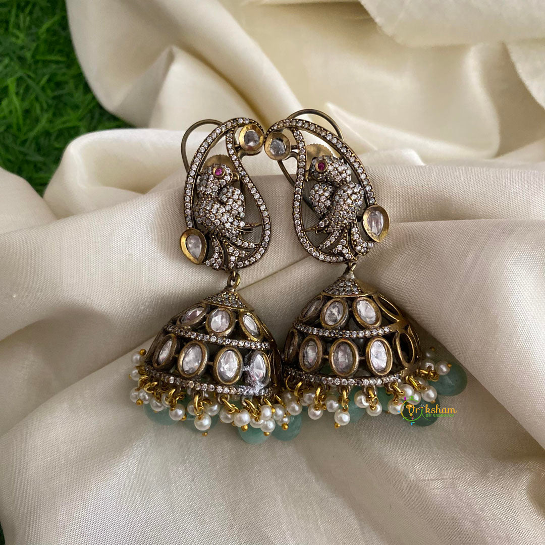 Aqua Green Victorian Diamond Jhumkas -Paisley Parrot-VV1315