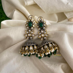 Floral Victorian Diamond Jhumkas-Green-Pearls-VV1298