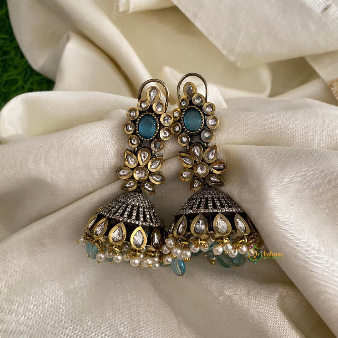 Floral Victorian Diamond Jhumkas-Sky Blue-Pearls-VV1299