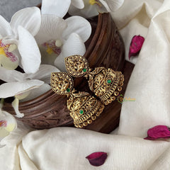 Vriksham Gold Look Alike Lakshmi Dual Peacock Jhumka-Green-Gold Bead-G18263