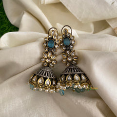 Floral Victorian Diamond Jhumkas-Sky Blue-Pearls-VV1299