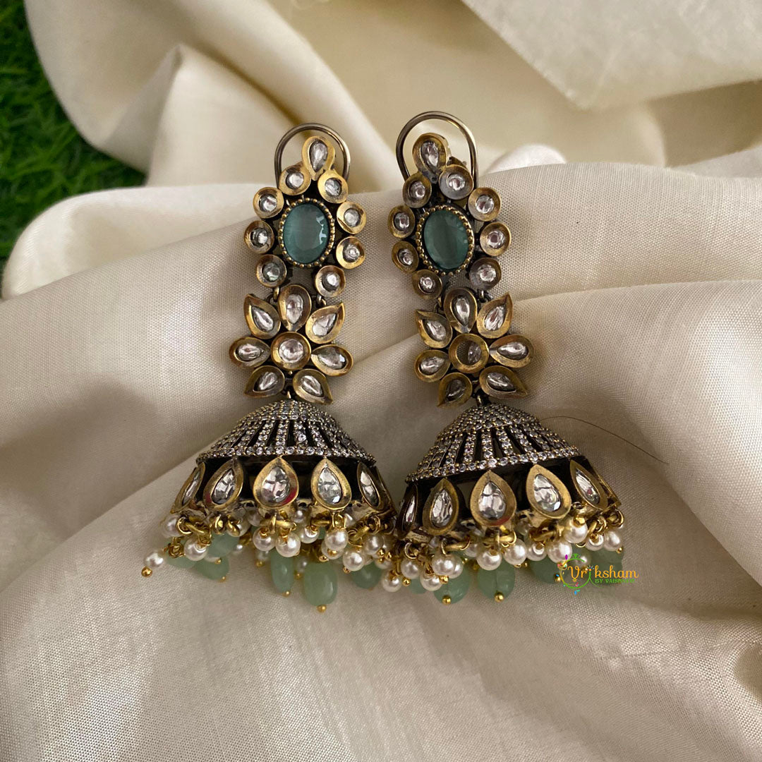 Floral Victorian Diamond Jhumkas-Aqua Green-Pearls-VV1306