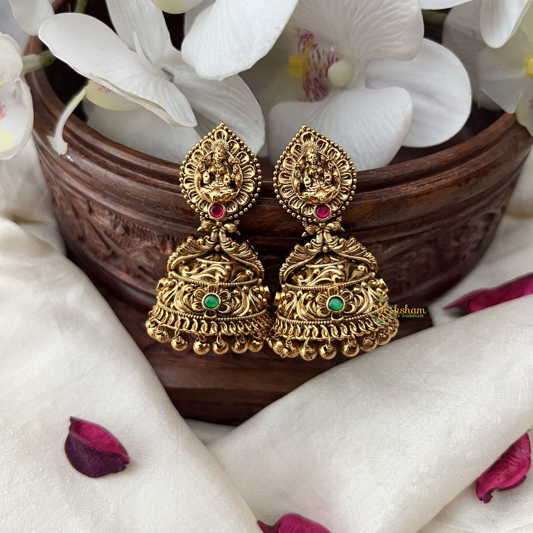 Vriksham Gold Look Alike Lakshmi Dual Peacock Jhumka-Red Green-Gold Bead-G18266