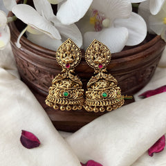 Vriksham Gold Look Alike Lakshmi Dual Peacock Jhumka-Red Green-Gold Bead-G18266