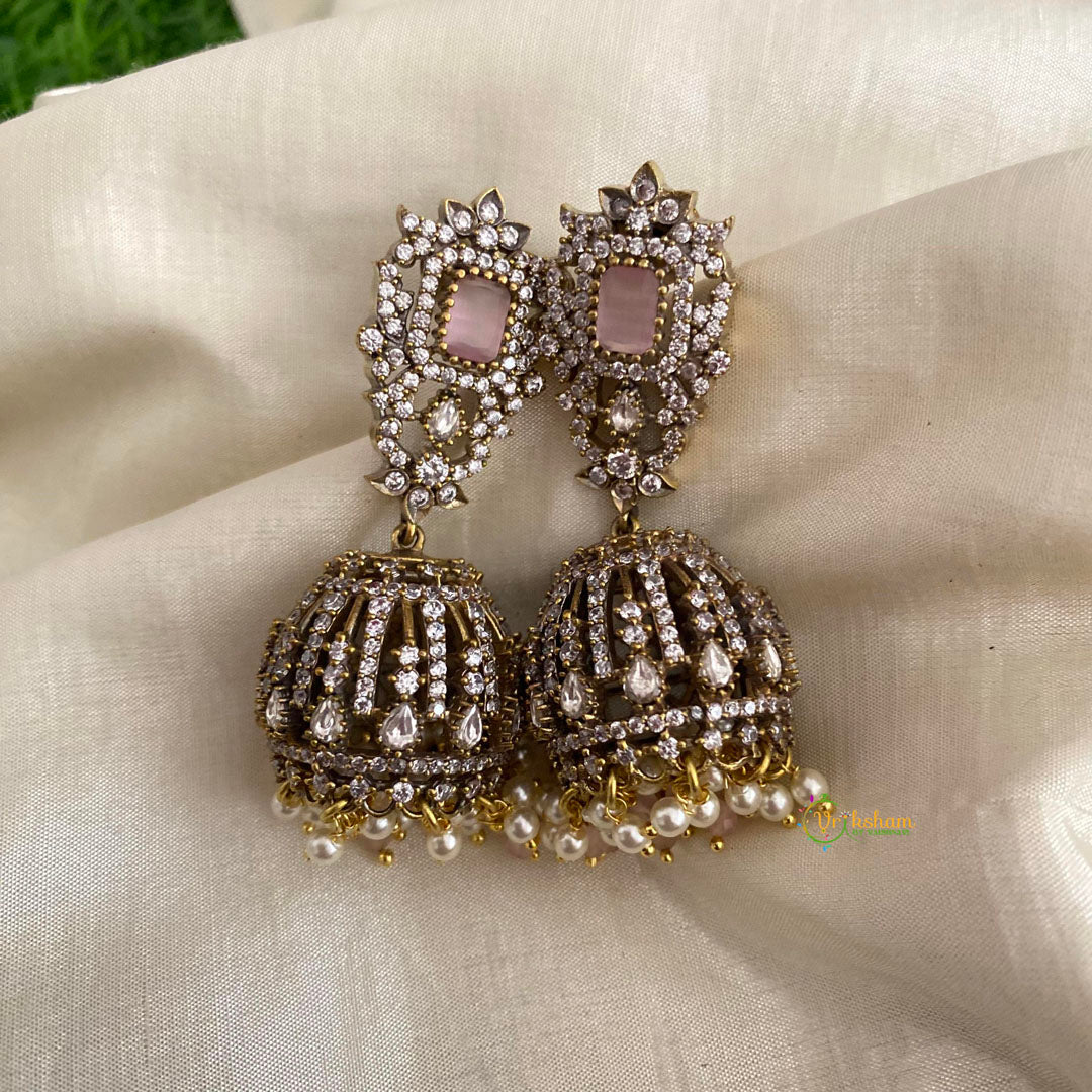 Royal Victorian Diamond Jhumkas-Pastel Pink-Pearls-VV1287