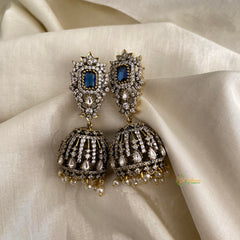 Royal Victorian Diamond Jhumkas-Dark Blue-Pearls-VV1286