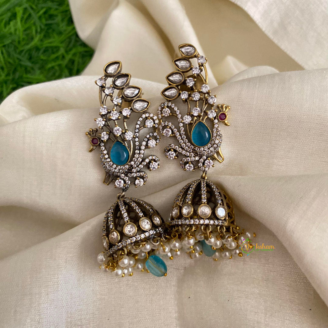 Premium Peacock Victorian Diamond Jhumkas-Firosa-Pearls-VV1290