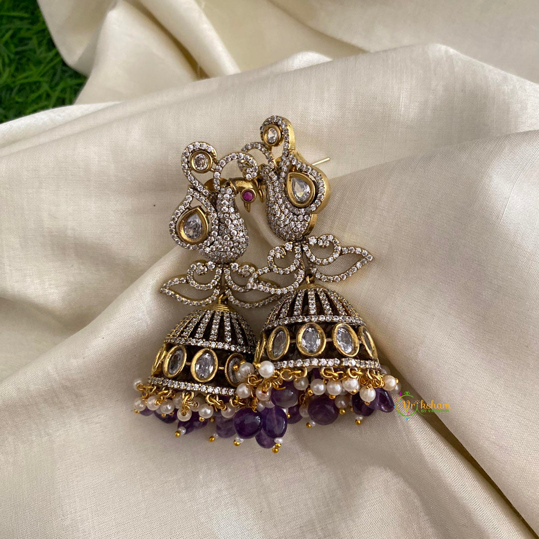 Purple Bead Victorian Diamond Jhumkas-Peacock-Pearls-VV1309