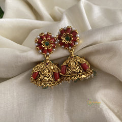 Gold Look Alike Red Flower Jhumkas-White Pearls-Green Beads-G11991