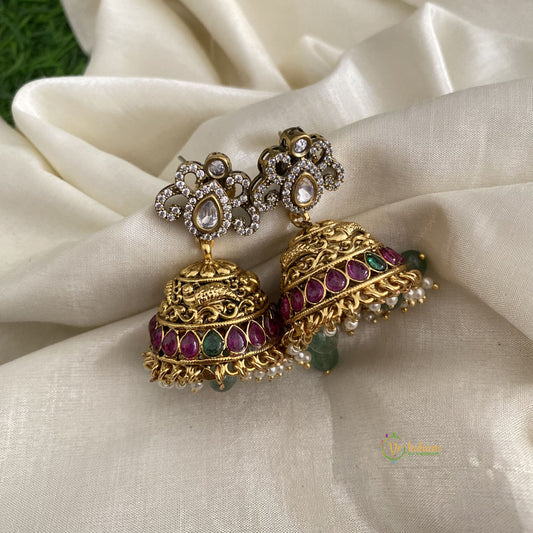 Fancy Gold Alike Victorian Jhumkas-White Pearls-Green Beads-G12060