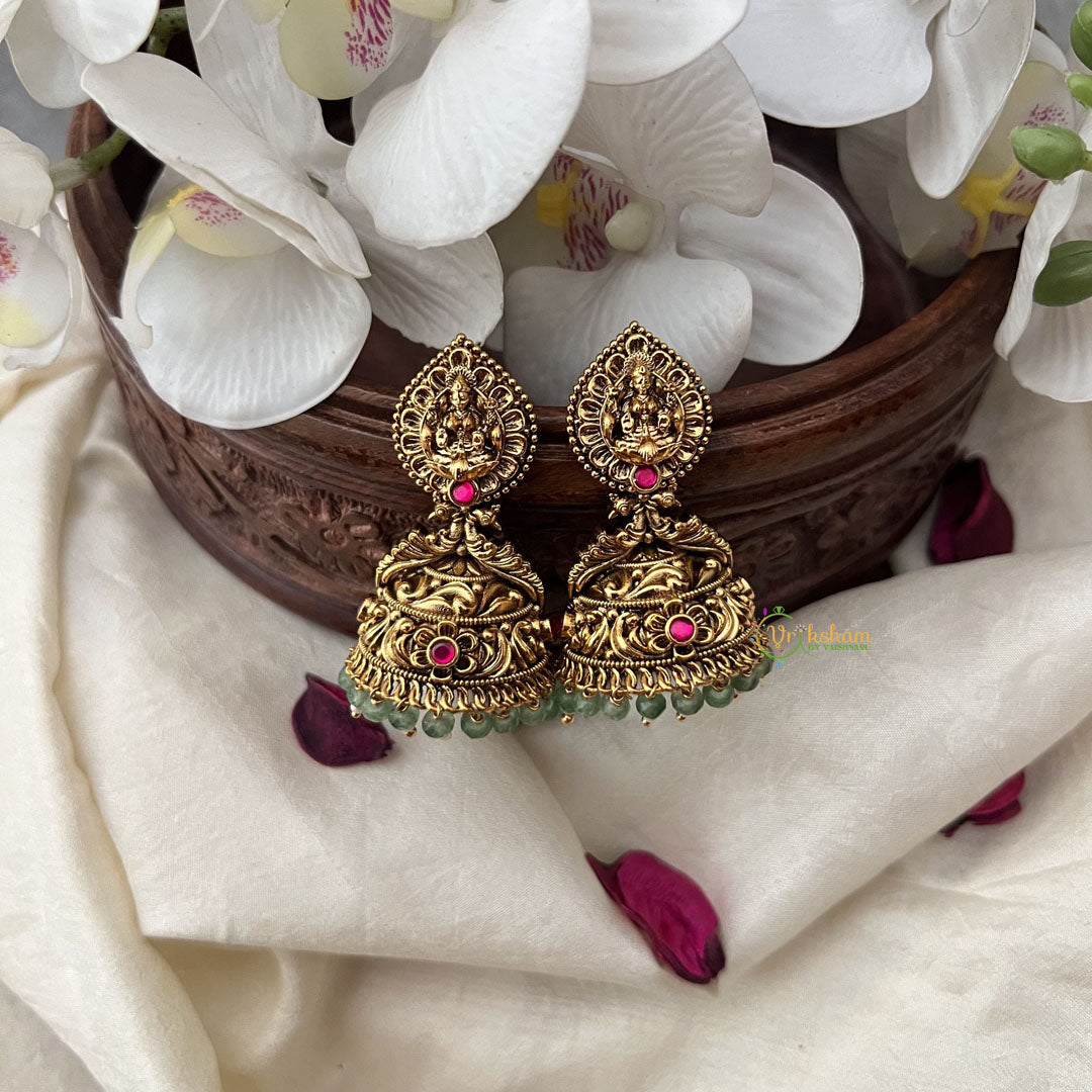 Vriksham Gold Look Alike Lakshmi Dual Peacock Jhumka-Red-Pastel Green Bead-G18261