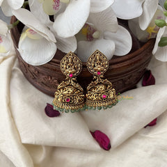Vriksham Gold Look Alike Lakshmi Dual Peacock Jhumka-Red-Pastel Green Bead-G18261