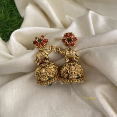 Gold Alike Red Flower Hatthi Jhumkas-White Pearls-Green Beads-G11993