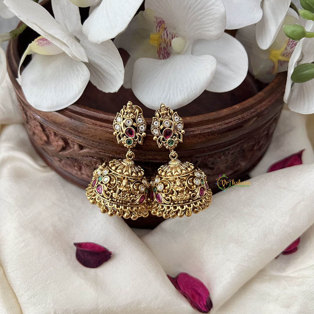 Vriksham Gold Look Alike Lakshmi Jhumka-Red Green & White-Gold Bead-G18320