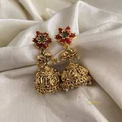 Gold Look Alike Red Flower Dual Hatthi Jhumkas-Golden White Pearls-G11992