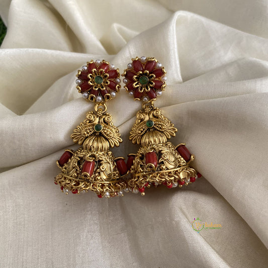 Gold Look Alike Red Flower Jhumkas-Red White Pearls-G11898