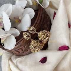 Vriksham Gold Look Alike Lakshmi Jhumka-Red Green & White-Gold Bead-G18320