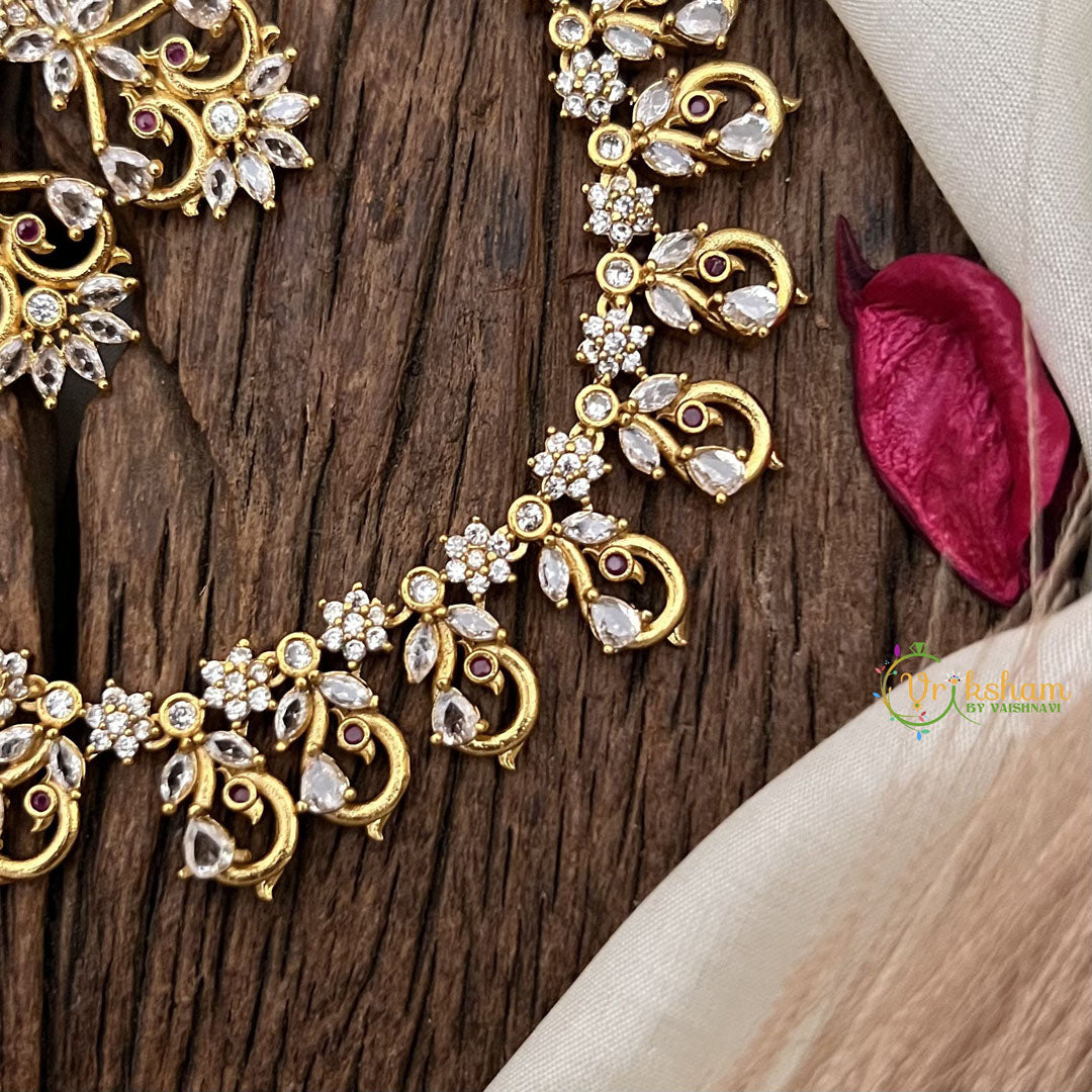 Vriksham Exquisite Floral Peacock AD Stone Short Neckpiece-White-G17927