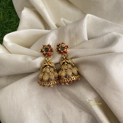 Gold Alike Red Flower Dual Peacock Jhumkas-Red White Pearls-G11994