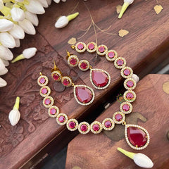 Vriksham Premium Round CZ Stone With Teardrop Pendant Short Neckpiece-Red-G21531