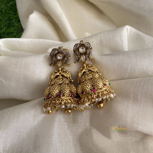 Premium Victorian Mix Dual Peacock Jhumkas-White, Golden-Pearl-G11893