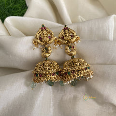 Premium Gold Look Alike Temple Jhumkas-White Pearls-Green Beads-G11897