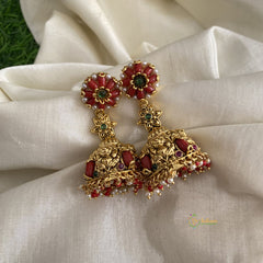 Premium Gold Look Alike Red Green Flower Jhumkas-Red White Pearls-G11899