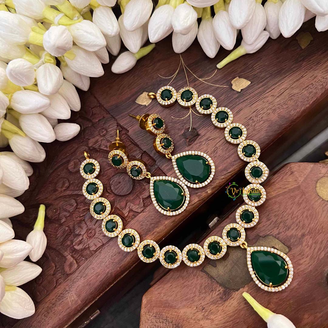 Vriksham Premium Round CZ Stone With Teardrop Pendant Short Neckpiece-Green-G21527