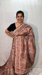 Vriksham Wine Burgundy Floral Organza Saree With Intricate Rose Border Embroidery Organza Saree-Handloom-VS5017