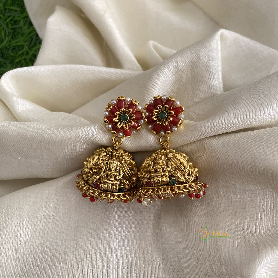 Premium Gold Look Alike Red Flower Lakshmi Jhumkas-Red White Pearls-G11990