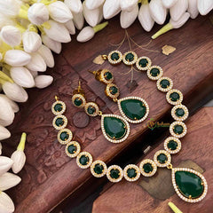 Vriksham Premium Round CZ Stone With Teardrop Pendant Short Neckpiece-Green-G21527