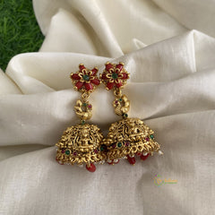 Gold Look Alike Red Flower Temple Jhumkas-White Pearls-Red Beads-G11997