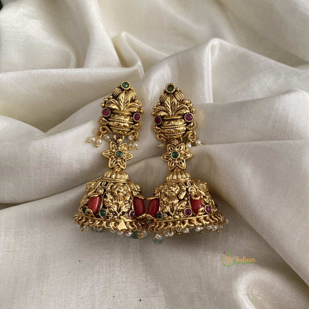 Antique Gold Alike Kalash Jhumkas-White Pearls-Green Beads-G11995