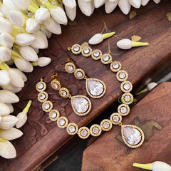 Vriksham Premium Round CZ Stone With Teardrop Pendant Short Neckpiece-White-G21526