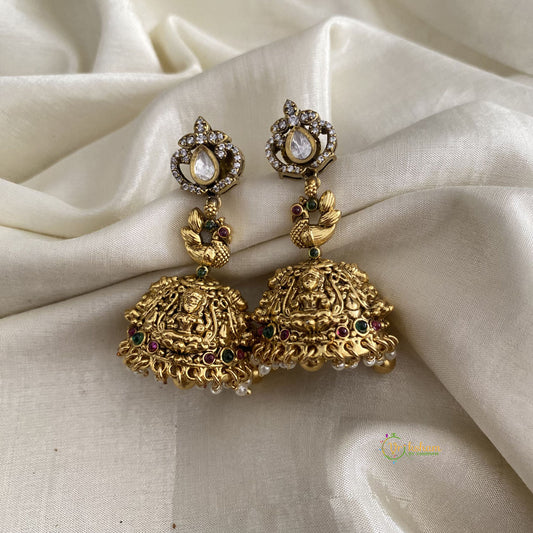 Premium Victorian Diamond Lakshmi Jhumkas-White, Golden-Pearl-G11891