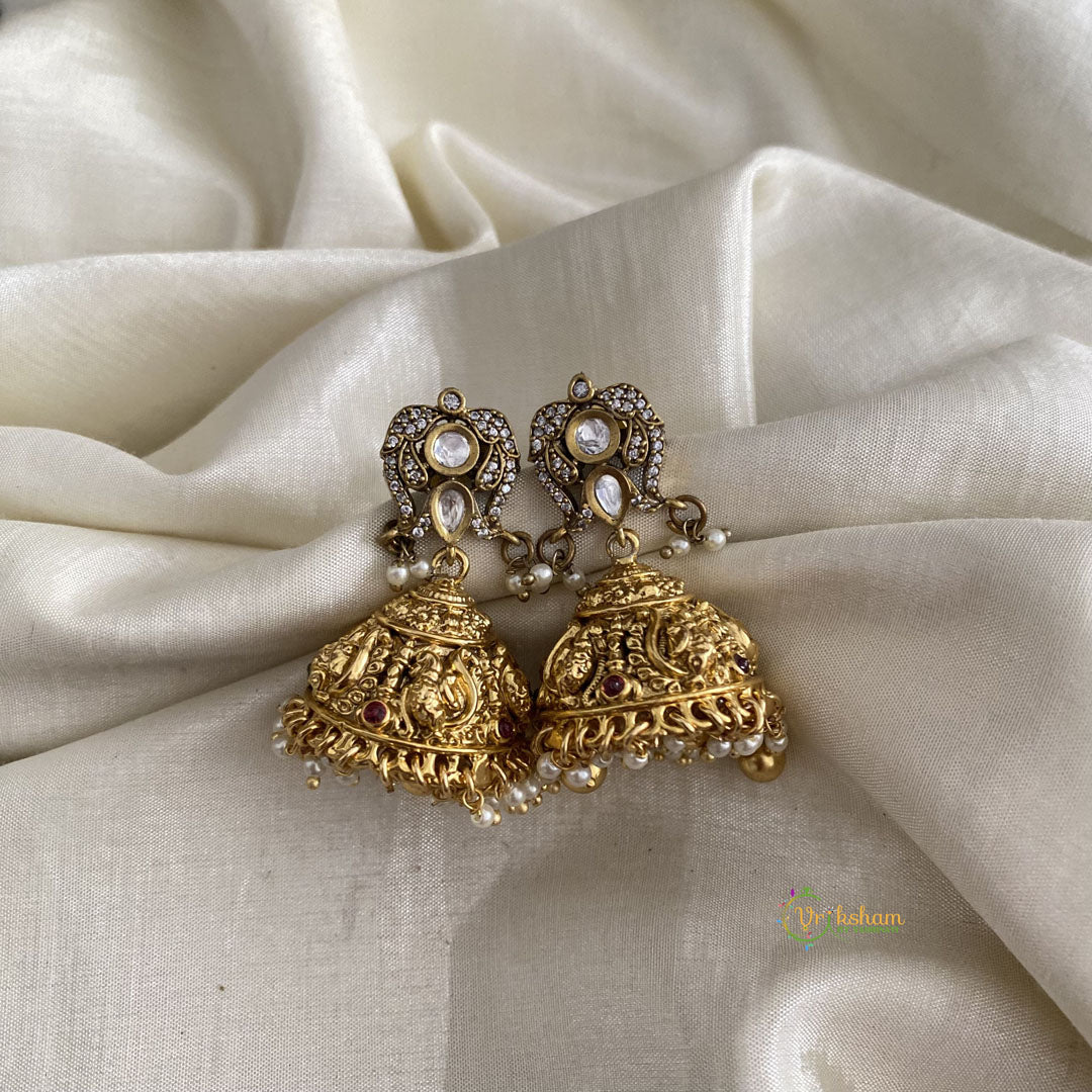 Premium Victorian Diamond Mayil Jhumkas-White, Golden-Pearl-G11892