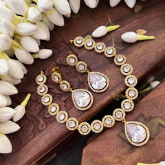 Vriksham Premium Round CZ Stone With Teardrop Pendant Short Neckpiece-White-G21526