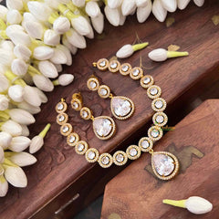 Vriksham Premium Round CZ Stone With Teardrop Pendant Short Neckpiece-White-G21526