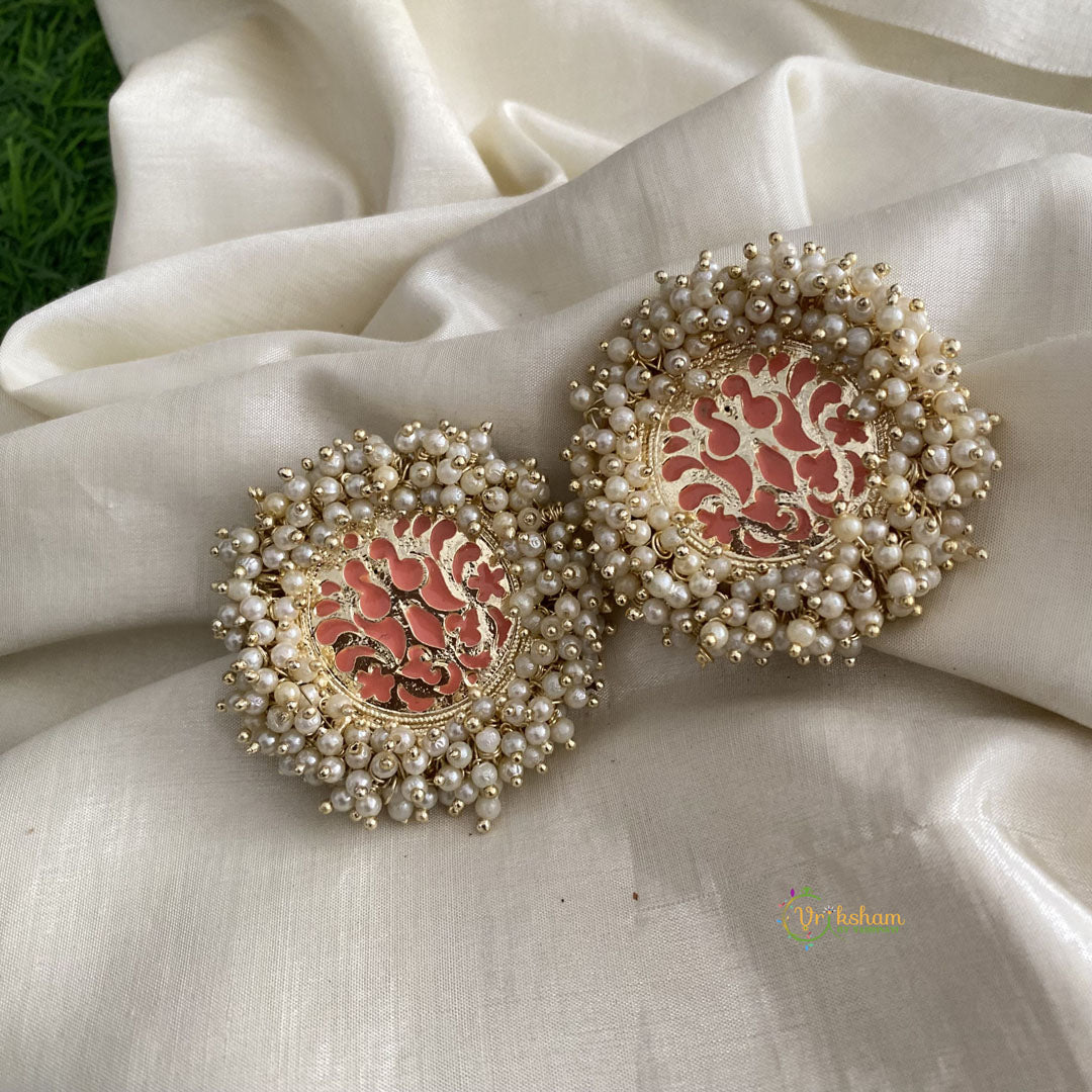 Cluster Pearl Meenakari Studs-Jumbo Studs-Peach-G12023