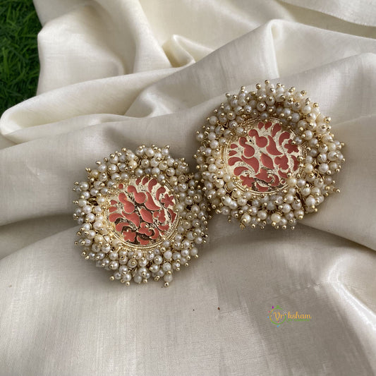 Cluster Pearl Meenakari Studs-Jumbo Studs-Peach-G12023