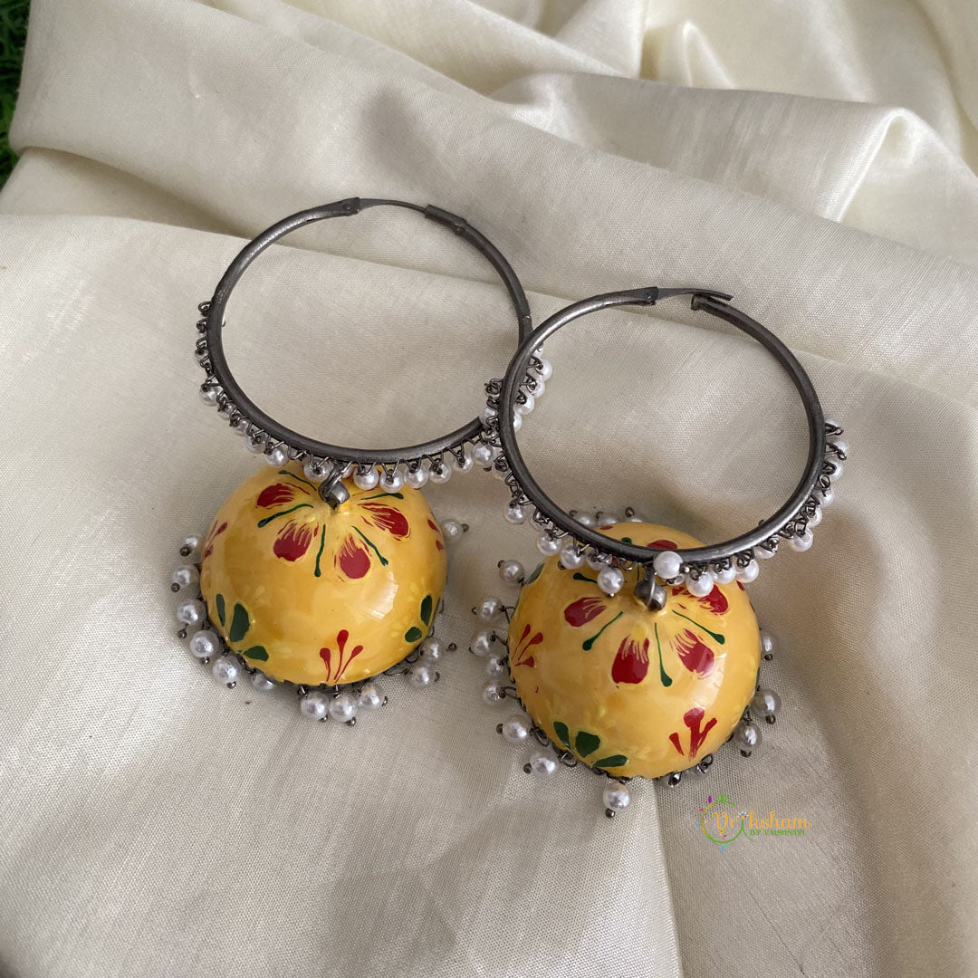 Silver Meenakari Jhumkas -Loop Ring with Jhumka-Yellow and Red Petals-G12058