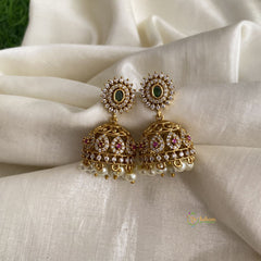 Elegant Gold Alike AD Stone Jhumkas-White Pearls-G12019