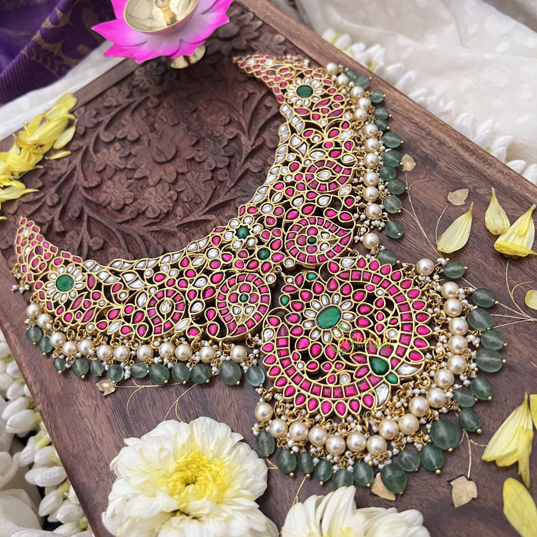 Vriksham Exquisite Kundan Jadau Maanga Short Neckpiece-Pastel Green Beads-J3696