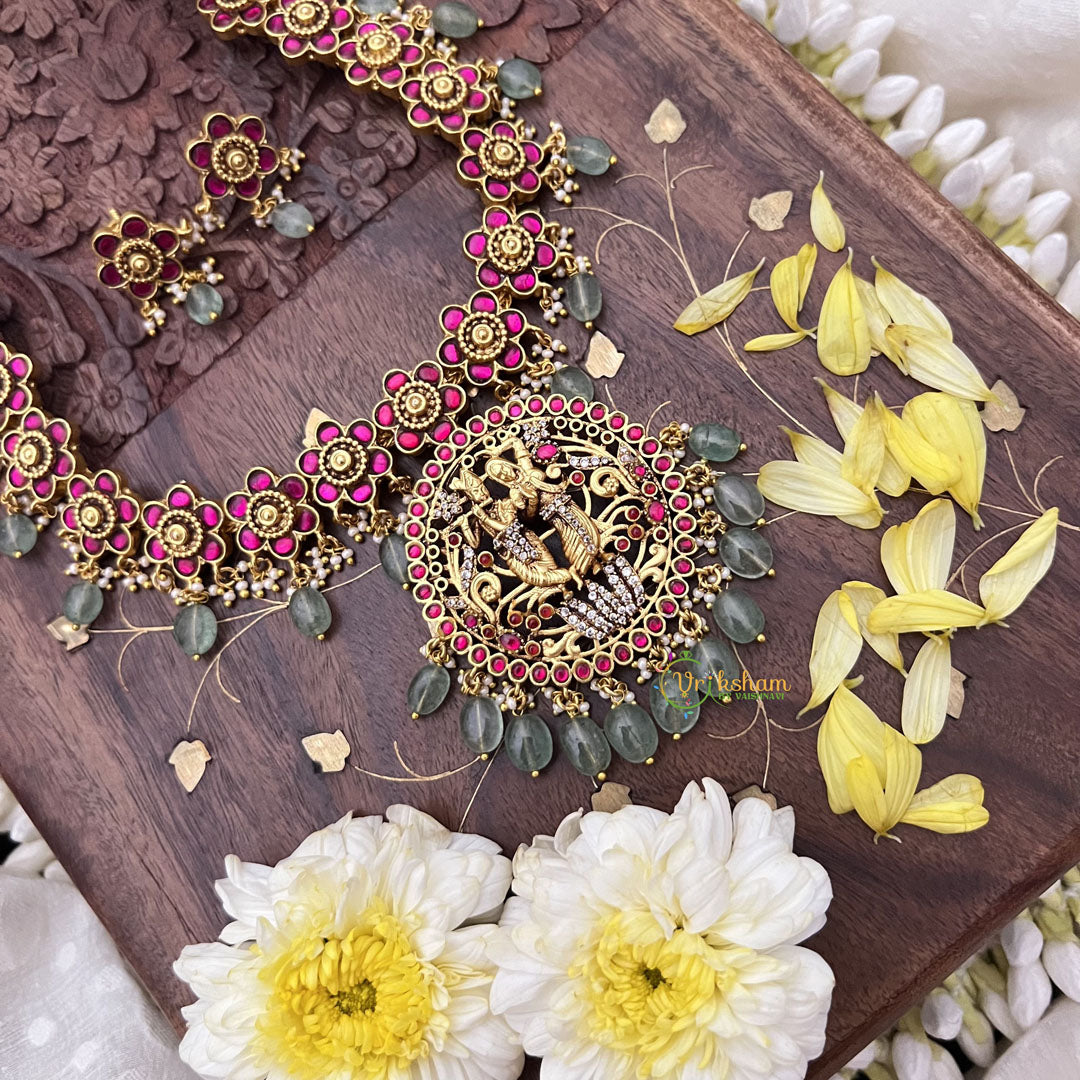 Vriksham Radha Krishna Pendant Kundan Jadau Floral Short Neckpiece-Pastel Green Beads-J3697