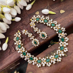 Vriksham Designer Green & White CZ Stone Halo With Teardrop Pendant Short Neckpiece-G21524