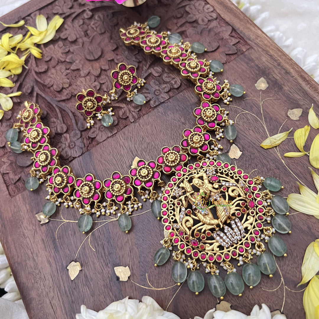 Vriksham Radha Krishna Pendant Kundan Jadau Floral Short Neckpiece-Pastel Green Beads-J3697